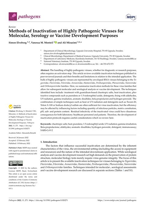 Methods of Inactivation of Highly Pathogenic Viruses for .